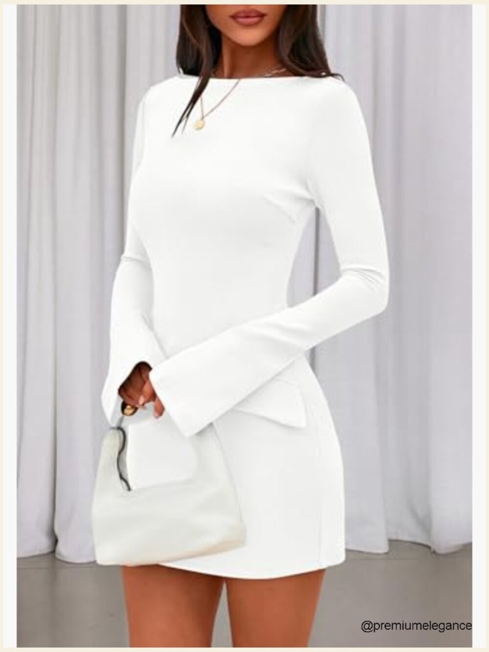 Long Sleeve Bodycon Mini Dress Boat Neck Knit Elegant Party Formal - Picture 3 of 7